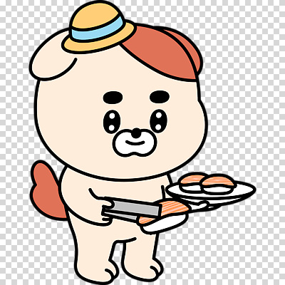 편집이미지 모자 접시 미소 들기 누끼 사람없음 강아지 뒤집개 개캐릭터 PNG 연어초밥 식기 잡화 동물캐릭터 모션 주방용품 표정 반려동물 초밥 개 연어 파일형식