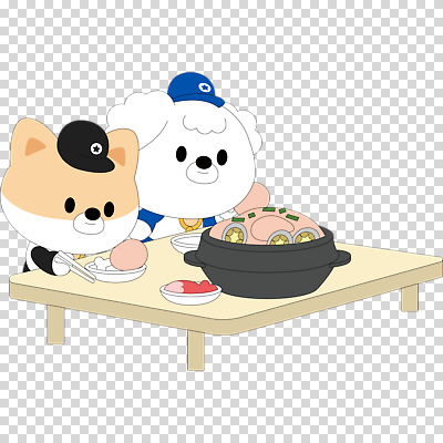 편집이미지 그릇 젓가락 식탁 김치 미소 들기 누끼 사람없음 강아지 뚝배기 개캐릭터 전복 삼계탕 PNG 캡모자 모자_잡화 식기 한식 동물캐릭터 모션 탁자 어패류 수저 표정 반려동물 개 보양식 파일형식