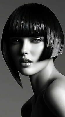 JPG 모델 편집이미지 헤어스타일 여자 흑백 한명 상반신 성인 뷰티 머리카락 검은색 단발머리 광택 뷰티풀 의료성형뷰티 성인여자한명만 편집실사 AI인물포토 AI콘텐츠 1 컬러 촬영기법 사람 머리 CG 여자한명만 성인여자만 파일형식 AI포토