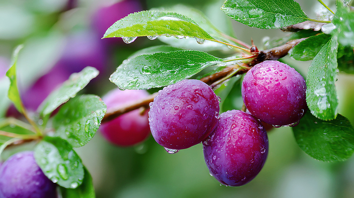 JPG 편집이미지 열매 잎 여름음식 사람없음 나뭇가지 신선 이슬 자두 자두나무 제철과일 편집실사 AI포토 AI콘텐츠 나무 식물 음식 과일 CG 제철 파일형식 여름_계절