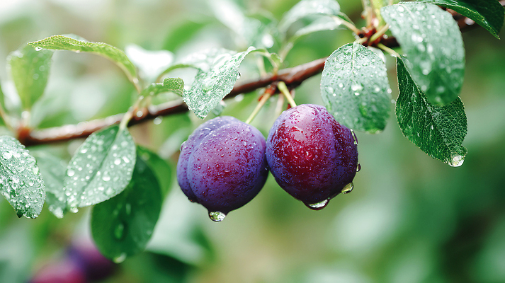 JPG 편집이미지 열매 잎 여름음식 사람없음 나뭇가지 신선 이슬 자두 자두나무 제철과일 편집실사 AI포토 AI콘텐츠 나무 식물 음식 과일 CG 제철 파일형식 여름_계절