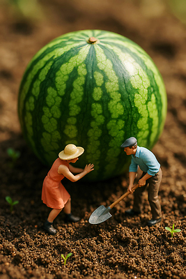 JPG 전신 편집이미지 여자 남자 중년 여름음식 들기 두명 여름 흙 피규어 밀기 농부 큼 삽 수박밭 중년만 제철과일 편집실사 AI포토 AI콘텐츠 직업 계절 음식 밭 과일 모션 사람 성인 미니어처 크기 CG 제철 성인만 파일형식 여름_계절