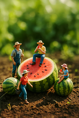 JPG 전신 편집이미지 여자 남자 어린이 단면 여름음식 들기 앉기 소녀 여러명 성인 여름 흙 피규어 시골 농부 큼 먹기 수박밭 챙모자 제철과일 편집실사 AI포토 AI콘텐츠 직업 모자_잡화 계절 음식 다수 밭 과일 모션 사람 미니어처 크기 CG 제철 파일형식 여름_계절