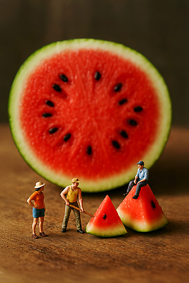 JPG 전신 편집이미지 여자 남자 단면 여름음식 들기 앉기 성인 세명 여름 피규어 막대기 큼 나무탁자 수박조각 성인만 제철과일 편집실사 AI포토 AI콘텐츠 계절 음식 조각 과일 모션 탁자 수박 사람 미니어처 크기 CG 제철 파일형식 여름_계절