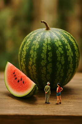 JPG 전신 편집이미지 여자 노년 남자 허리손 여름음식 정장 성인 두명 여름 피규어 큼 중절모 뒷짐 나무탁자 수박조각 제철과일 편집실사 AI포토 AI콘텐츠 모자_잡화 옷 계절 음식 조각 포즈 과일 모션 탁자 수박 사람 미니어처 크기 CG 제철 파일형식 여름_계절