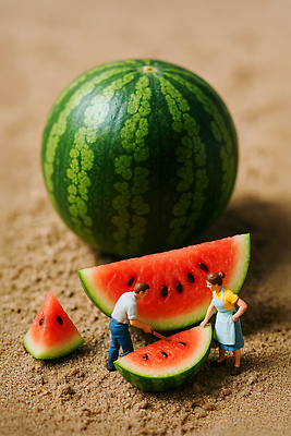 JPG 전신 편집이미지 여자 남자 허리손 여름음식 들기 성인 두명 여름 앞치마 흙 피규어 칼 큼 땅 자르기 수박조각 성인만 제철과일 편집실사 AI포토 AI콘텐츠 계절 음식 조각 포즈 과일 모션 수박 사람 미니어처 크기 CG 제철 파일형식 여름_계절