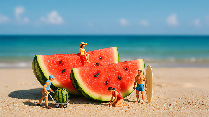 JPG 전신 구름 편집이미지 모자 여자 남자 하늘 여름음식 앉기 여러명 성인 해변 여름 비키니 모래사장 수레 피규어 서핑보드 운반 밀기 무릎꿇기 큼 수박조각 성인만 제철과일 편집실사 AI포토 AI콘텐츠 자연요소 잡화 계절 수영복 음식 바다 조각 다수 과일 모션 수박 사람 카트 미니어처 보드_스포츠 크기 CG 제철 파일형식 여름_계절
