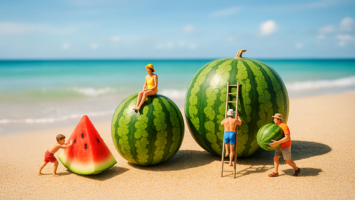 JPG 전신 구름 편집이미지 모자 여자 남자 어린이 사다리 하늘 여름음식 들기 앉기 소년 여러명 성인 해변 여름 비키니 모래사장 피규어 밀기 큼 오르기 수박조각 제철과일 편집실사 AI포토 AI콘텐츠 자연요소 잡화 계절 수영복 음식 바다 조각 다수 과일 모션 수박 사람 미니어처 도구 크기 CG 제철 파일형식 여름_계절