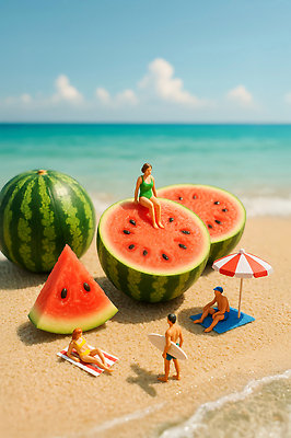 JPG 전신 구름 편집이미지 여자 남자 하늘 단면 여름음식 들기 앉기 여러명 성인 해변 여름 비키니 모래사장 눕기 피규어 파라솔 서핑보드 큼 돗자리 수박조각 성인만 제철과일 편집실사 AI포토 AI콘텐츠 자연요소 계절 수영복 음식 바다 조각 다수 과일 모션 수박 사람 미니어처 보드_스포츠 크기 CG 제철 파일형식 여름_계절