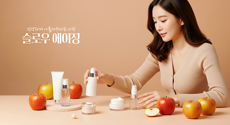 PSD 편집이미지 여자 한명 미소 들기 상반신 성인 뷰티 사과 사과조각 살구색 수분크림 튜브용기 의료성형뷰티 성인여자한명만 세럼 이미지편집 슬로우에이징 1 컬러 과일 모션 표정 사람 화장품 용기_그릇 여자한명만 성인여자만 파일형식