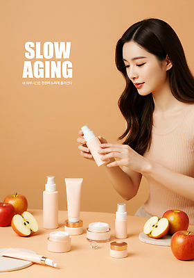 PSD 편집이미지 여자 단면 한명 미소 들기 상반신 성인 뷰티 갈색 사과 수분크림 튜브용기 의료성형뷰티 성인여자한명만 세럼 이미지편집 슬로우에이징 1 컬러 과일 모션 표정 사람 화장품 용기_그릇 여자한명만 성인여자만 파일형식