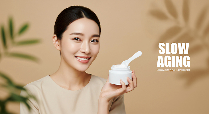 PSD 편집이미지 여자 잎 그림자 한명 미소 들기 상반신 성인 뷰티 베이지색 수분크림 의료성형뷰티 성인여자한명만 이미지편집 슬로우에이징 식물 1 컬러 모션 표정 사람 화장품 여자한명만 성인여자만 파일형식