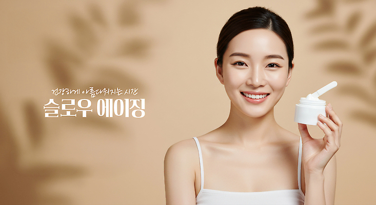 PSD 편집이미지 여자 그림자 한명 미소 들기 상반신 성인 뷰티 베이지색 수분크림 의료성형뷰티 성인여자한명만 이미지편집 슬로우에이징 1 컬러 모션 표정 사람 화장품 여자한명만 성인여자만 파일형식