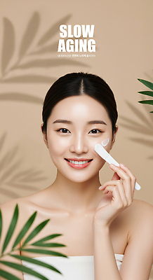 PSD 편집이미지 여자 잎 그림자 한명 미소 상반신 성인 뷰티 바르기 베이지색 수분크림 의료성형뷰티 성인여자한명만 이미지편집 슬로우에이징 식물 1 컬러 모션 표정 사람 화장품 여자한명만 성인여자만 파일형식