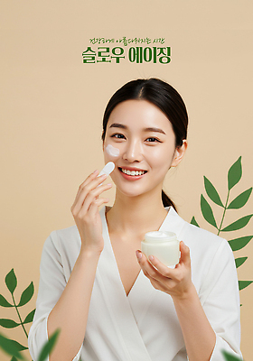 PSD 편집이미지 여자 잎 한명 미소 들기 상반신 성인 뷰티 가운 바르기 베이지색 수분크림 의료성형뷰티 성인여자한명만 이미지편집 슬로우에이징 식물 1 옷 컬러 모션 표정 사람 화장품 여자한명만 성인여자만 파일형식