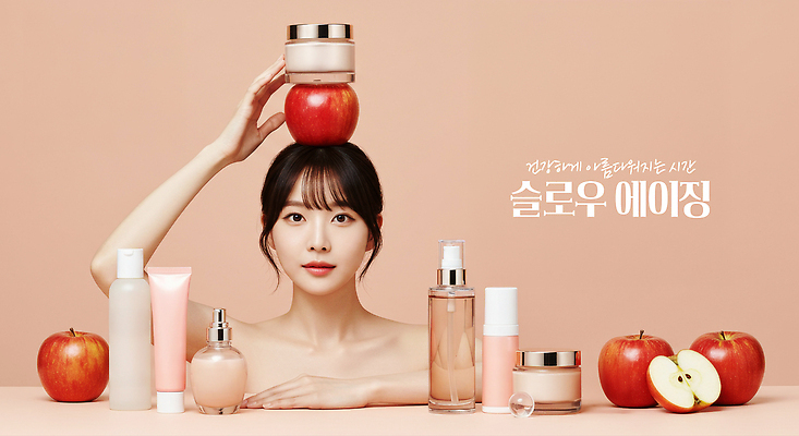 PSD 편집이미지 여자 단면 한명 미소 상반신 성인 뷰티 손들기 쌓기 사과 살구색 수분크림 튜브용기 의료성형뷰티 성인여자한명만 세럼 이미지편집 슬로우에이징 1 컬러 과일 모션 표정 사람 화장품 용기_그릇 여자한명만 성인여자만 파일형식