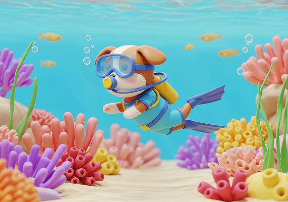 JPG 편집이미지 모래 하늘색 3D캐릭터 사람없음 3D 바닷속 수영 돌_바위 해초 산호 물안경 공기방울 개캐릭터 잠수복 산소통 잠수경 물고기떼 편집3D AI컴퓨터그래픽 AI콘텐츠 캐릭터 옷 동물캐릭터 통 어류 파란색 수중 수상스포츠 해조류 자포동물 개 디지털합성 수영용품 파일형식