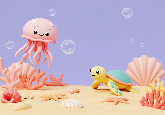 JPG 편집이미지 모래 조개 불가사리 3D캐릭터 사람없음 3D 보라색 바닷속 산호 소라 공기방울 해파리 바다거북 편집3D AI컴퓨터그래픽 AI콘텐츠 캐릭터 컬러 어패류 극피동물 수중 자포동물 거북이 디지털합성 파일형식