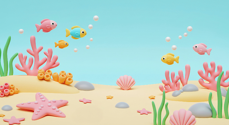 JPG 편집이미지 모래 하늘색 조개 불가사리 사람없음 3D 바닷속 조약돌 해초 산호 물고기떼 편집3D AI컴퓨터그래픽 AI콘텐츠 어패류 극피동물 어류 파란색 수중 돌_바위 해조류 자포동물 디지털합성 파일형식