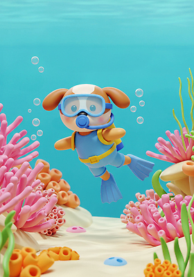 JPG 편집이미지 모래 하늘색 3D캐릭터 사람없음 3D 바닷속 수영 해초 산호 물안경 공기방울 개캐릭터 잠수복 산소통 잠수경 편집3D AI컴퓨터그래픽 AI콘텐츠 캐릭터 옷 동물캐릭터 통 파란색 수중 수상스포츠 해조류 자포동물 개 디지털합성 수영용품 파일형식