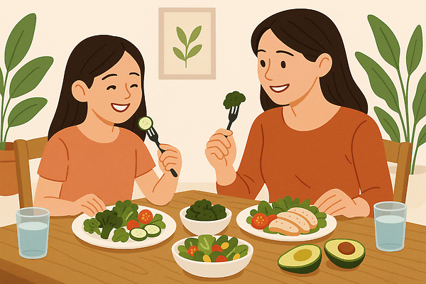 JPG 식물 그릇 여자 어린이 액자 포크 토마토 의자 일러스트 탁자 모녀 실내 미소 들기 앉기 소녀 상반신 성인 두명 샐러드 브로콜리 먹기 물컵 아보카도 건강식 닭가슴살 살구색 안티에이징 접기 여자만 국내일러스트 슬로우에이징 AI일러스트 AI콘텐츠 식기 딸 음식 컬러 가구 채소 과일 가족 모션 엄마 표정 사람 내부 컵 닭고기 파일형식