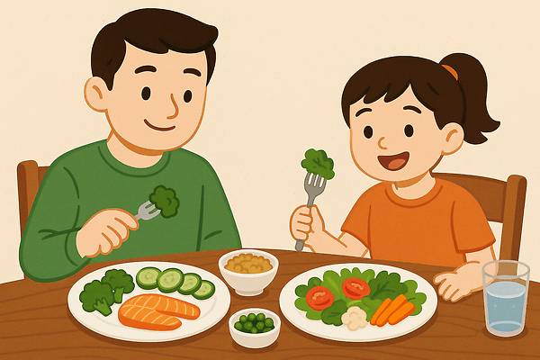 JPG 그릇 접시 여자 남자 포크 토마토 의자 일러스트 탁자 오이 실내 미소 들기 앉기 소녀 상반신 성인 두명 당근 샐러드 양상추 브로콜리 먹기 물컵 완두콩 연어 건강식 병아리콩 안티에이징 부녀 국내일러스트 슬로우에이징 AI일러스트 AI콘텐츠 식기 딸 어린이 음식 가구 채소 가족 모션 콩 뿌리채소 표정 어류 사람 내부 컵 아빠 파일형식