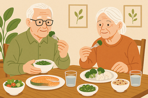 JPG 식물 그릇 접시 여자 노년 남자 액자 포크 의자 일러스트 탁자 실내 미소 들기 앉기 상반신 두명 노부부 샐러드 브로콜리 먹기 물컵 연어 건강식 안티에이징 잡곡밥 노인만 안경낌 국내일러스트 슬로우에이징 AI일러스트 AI콘텐츠 식기 부부 안경 음식 가구 채소 모션 밥 표정 어류 사람 성인 내부 컵 성인만 파일형식