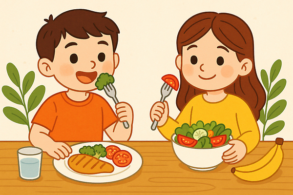 JPG 식물 그릇 접시 여자 남자 어린이 포크 토마토 일러스트 탁자 오이 바나나 실내 미소 들기 앉기 소녀 소년 상반신 두명 샐러드 브로콜리 먹기 물컵 건강식 닭가슴살 안티에이징 어린이만 국내일러스트 슬로우에이징 AI일러스트 AI콘텐츠 식기 음식 가구 채소 과일 모션 표정 사람 내부 컵 닭고기 파일형식