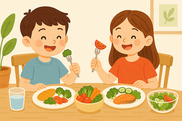 JPG 식물 그릇 접시 여자 남자 화분 어린이 액자 포크 토마토 의자 일러스트 탁자 오이 실내 웃음 들기 앉기 소녀 소년 상반신 두명 당근 샐러드 브로콜리 먹기 물컵 연어 건강식 닭가슴살 안티에이징 어린이만 국내일러스트 슬로우에이징 AI일러스트 AI콘텐츠 식기 음식 가구 채소 모션 뿌리채소 표정 어류 사람 내부 컵 닭고기 파일형식