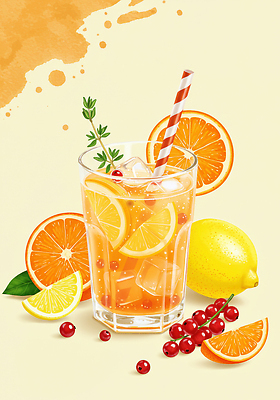JPG 포스터 잎 오렌지 일러스트 단면 수채화 빨대 사람없음 컵 여름 얼음 주황색 레몬 메뉴 번짐 베리 로즈메리 과일조각 오렌지조각 국내일러스트 AI일러스트 AI콘텐츠 자연요소 식물 식기 계절 컬러 조각 과일 허브 파일형식 효과