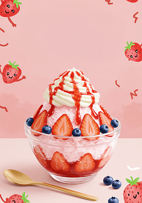 JPG 포스터 분홍색 일러스트 단면 수저 사람없음 여름 메뉴 블루베리 소프트아이스크림 과일조각 딸기빙수 딸기시럽 딸기캐릭터 빙수그릇 국내일러스트 AI일러스트 AI콘텐츠 캐릭터 그릇 식기 계절 컬러 조각 과일 아이스크림 시럽 빙수 파일형식