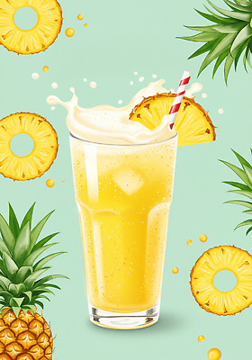 JPG 포스터 일러스트 단면 빨대 사람없음 여름 노란색 파인애플 메뉴 슬라이스 과일조각 민트색 파인애플주스 스플래쉬 국내일러스트 AI일러스트 AI콘텐츠 계절 컬러 조각 과일 과일주스 열대과일 파일형식