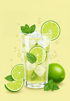 JPG 포스터 일러스트 사람없음 컵 연두색 여름 허브 메뉴 슬라이스 라임 각얼음 과일조각 라임주스 탄산 국내일러스트 AI일러스트 AI콘텐츠 식물 식기 계절 조각 과일 초록색 얼음 과일주스 파일형식