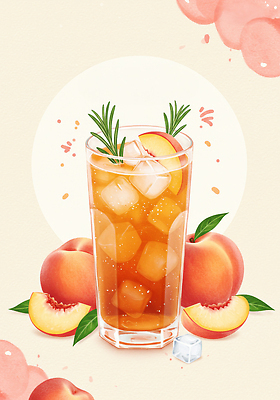 JPG 포스터 잎 일러스트 사람없음 컵 여름 메뉴 복숭아 겹침 각얼음 과일조각 살구색 수채화붓 아이스티 국내일러스트 AI일러스트 AI콘텐츠 식물 식기 계절 음료 컬러 조각 과일 얼음 붓 파일형식