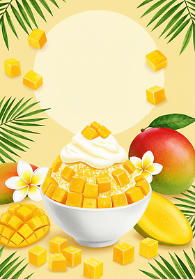 JPG 포스터 일러스트 단면 사람없음 여름 노란색 메뉴 슬라이스 플루메리아 야자수잎 소프트아이스크림 과일조각 빙수그릇 망고빙수 애플망고 국내일러스트 AI일러스트 AI콘텐츠 그릇 계절 꽃 컬러 조각 잎 과일 아이스크림 빙수 망고 파일형식