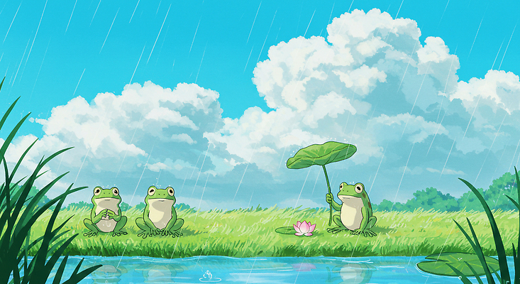 JPG 구름 물결 일러스트 우산 하늘 연꽃 웃음 잔디 사람없음 반사 맑음 여름풍경 연못 풀 연잎 장마 개구리캐릭터 소나기 국내일러스트 AI일러스트 AI콘텐츠 자연요소 식물 꽃 동물캐릭터 잎 날씨 표정 개구리 풍경 비_날씨 파일형식 여름_계절