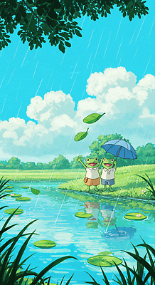 JPG 구름 물결 일러스트 우산 하늘 나뭇잎 웃음 들기 잔디 사람없음 반사 손들기 맑음 여름풍경 연못 풀 연잎 장마 개구리캐릭터 소나기 국내일러스트 AI일러스트 AI콘텐츠 자연요소 식물 동물캐릭터 잎 모션 날씨 표정 개구리 풍경 비_날씨 파일형식 여름_계절