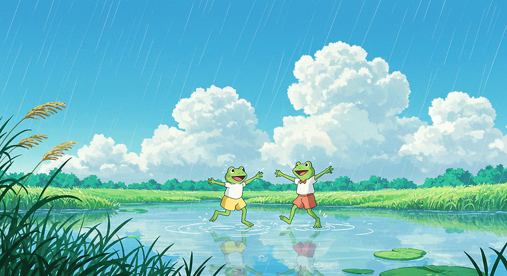 JPG 구름 일러스트 하늘 웃음 잔디 사람없음 맑음 여름풍경 연못 풀 장마 개구리캐릭터 소나기 국내일러스트 AI일러스트 AI콘텐츠 자연요소 식물 동물캐릭터 날씨 표정 개구리 풍경 비_날씨 파일형식 여름_계절