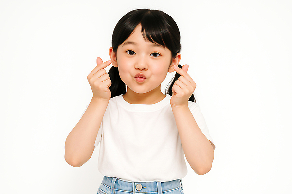 JPG 편집이미지 여자 어린이 양갈래머리 한명 미소 소녀 상반신 흰색 손하트 애교 의료성형뷰티 소녀한명만 편집실사 AI인물포토 AI콘텐츠 1 헤어스타일 컬러 표정 사람 손짓 CG 여자한명만 소녀만 파일형식 AI포토