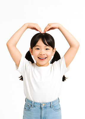 JPG 편집이미지 여자 어린이 양갈래머리 한명 웃음 소녀 상반신 흰색 손하트 의료성형뷰티 소녀한명만 편집실사 AI인물포토 AI콘텐츠 1 헤어스타일 컬러 표정 사람 손짓 CG 여자한명만 소녀만 파일형식 AI포토