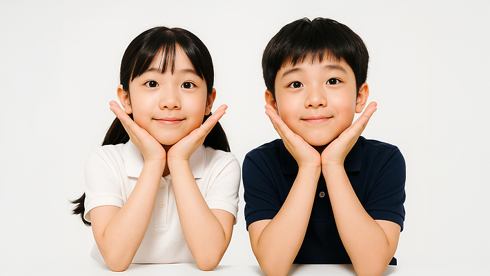 JPG 편집이미지 여자 남자 어린이 미소 소녀 소년 상반신 두명 우정 꽃받침 의료성형뷰티 어린이만 편집실사 AI인물포토 AI콘텐츠 표정 사람 손짓 친구 CG 파일형식 AI포토