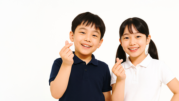 JPG 편집이미지 여자 남자 어린이 웃음 소녀 소년 상반신 두명 우정 손하트 의료성형뷰티 어린이만 편집실사 AI인물포토 AI콘텐츠 표정 사람 손짓 친구 CG 파일형식 AI포토