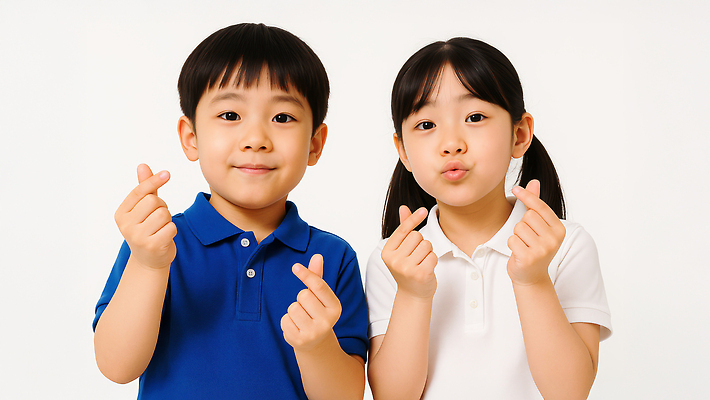 JPG 편집이미지 여자 남자 어린이 미소 소녀 소년 상반신 두명 우정 손하트 의료성형뷰티 어린이만 편집실사 AI인물포토 AI콘텐츠 표정 사람 손짓 친구 CG 파일형식 AI포토