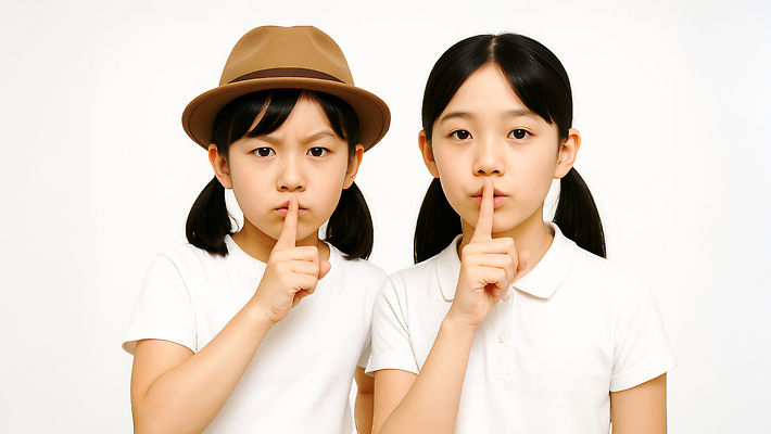 JPG 편집이미지 여자 어린이 무표정 소녀 상반신 두명 우정 찡그림 집중 중절모 쉿 의료성형뷰티 소녀만 편집실사 AI인물포토 AI콘텐츠 모자_잡화 감정 컨셉 표정 사람 친구 CG 조용 여자만 어린이만 파일형식 AI포토