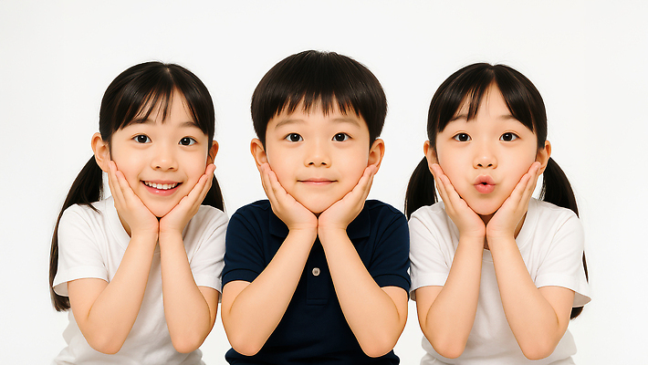 JPG 편집이미지 여자 남자 어린이 미소 소녀 소년 상반신 세명 우정 꽃받침 의료성형뷰티 어린이만 편집실사 AI인물포토 AI콘텐츠 표정 사람 손짓 친구 CG 파일형식 AI포토