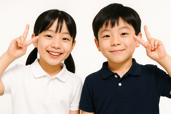 JPG 편집이미지 여자 남자 어린이 미소 소녀 소년 상반신 두명 우정 브이 의료성형뷰티 어린이만 편집실사 AI인물포토 AI콘텐츠 표정 사람 손짓 친구 CG 파일형식 AI포토