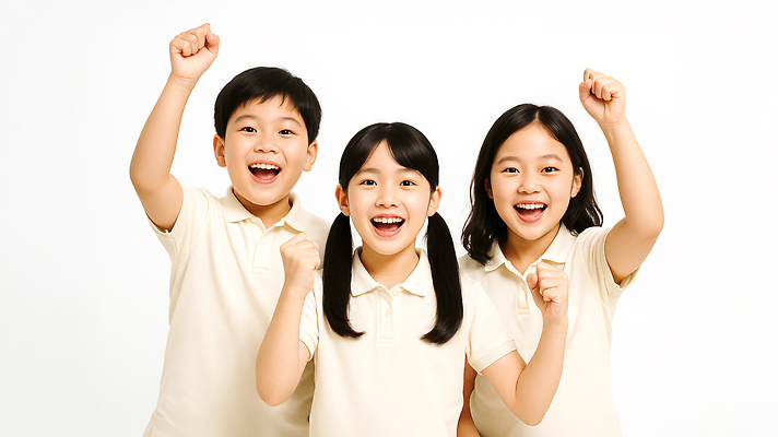 JPG 편집이미지 여자 남자 어린이 웃음 소녀 소년 상반신 세명 파이팅 우정 의료성형뷰티 어린이만 편집실사 AI인물포토 AI콘텐츠 모션 표정 사람 친구 CG 파일형식 AI포토