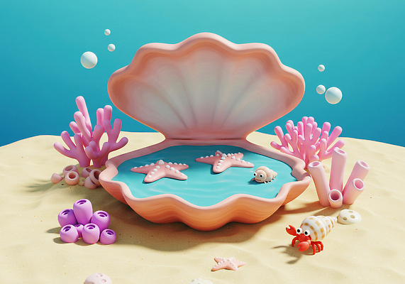 JPG 편집이미지 모래 바다 불가사리 사람없음 3D 바닷속 조개껍데기 산호 놀이터 공기방울 편집3D AI컴퓨터그래픽 AI콘텐츠 놀이 조개 극피동물 수중 자포동물 디지털합성 파일형식