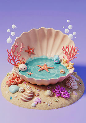 JPG 편집이미지 모래 바다 불가사리 사람없음 3D 보라색 바닷속 조약돌 조개껍데기 산호 소라 놀이터 고둥 편집3D AI컴퓨터그래픽 AI콘텐츠 컬러 놀이 조개 어패류 극피동물 수중 돌_바위 자포동물 디지털합성 파일형식