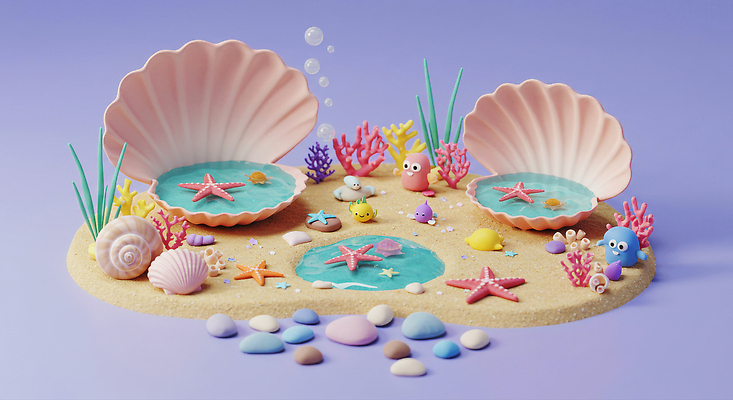 JPG 편집이미지 모래 바다 불가사리 사람없음 3D 보라색 바닷속 조약돌 조개껍데기 해초 산호 소라 놀이터 공기방울 물레고동 편집3D AI컴퓨터그래픽 AI콘텐츠 컬러 놀이 조개 어패류 극피동물 수중 돌_바위 해조류 자포동물 디지털합성 고둥 파일형식